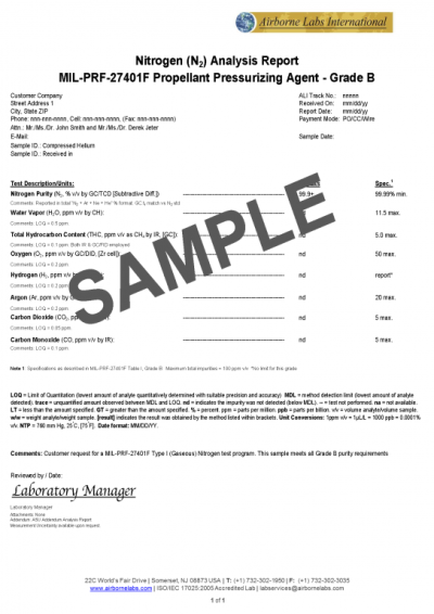 Standard ISBT NO-Haz Beverage Grade Nitrogen (N2) Testing Program